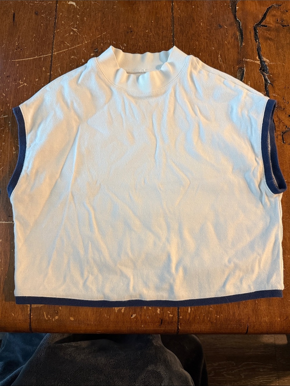 Maeve White Cropped Knit Shell with Navy Trim